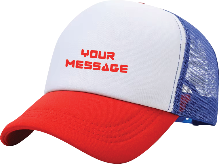 branded red-blue white tracker cap